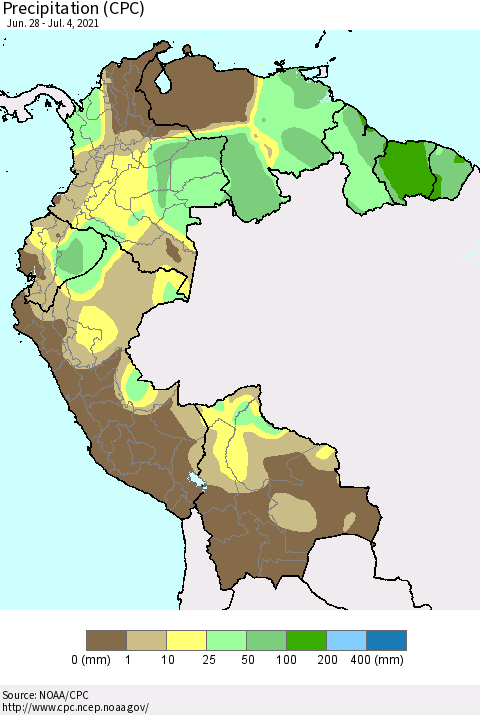 Northern South America Precipitation (CPC) Thematic Map For 6/28/2021 - 7/4/2021