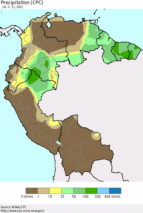 Northern South America Precipitation (CPC) Thematic Map For 7/5/2021 - 7/11/2021
