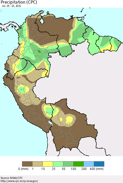 Northern South America Precipitation (CPC) Thematic Map For 7/19/2021 - 7/25/2021