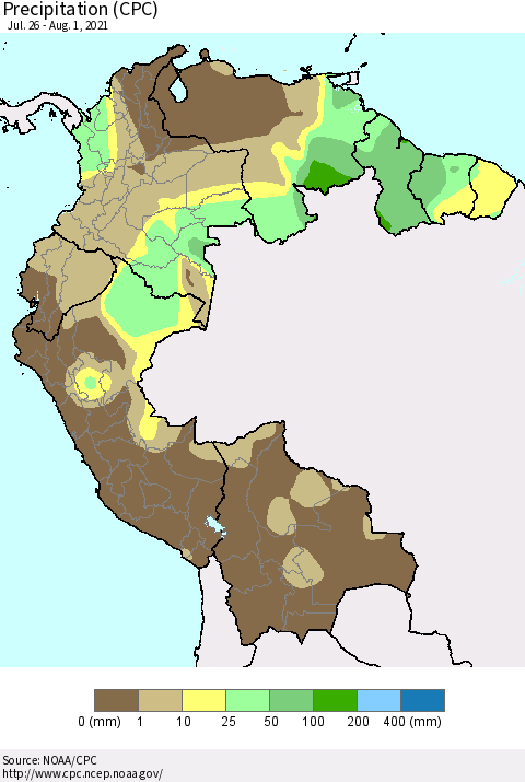 Northern South America Precipitation (CPC) Thematic Map For 7/26/2021 - 8/1/2021