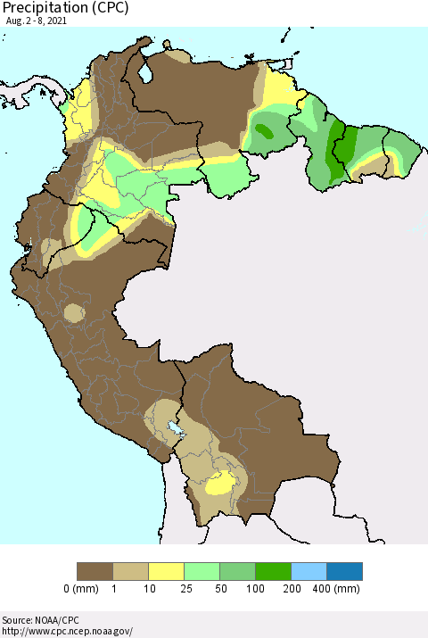 Northern South America Precipitation (CPC) Thematic Map For 8/2/2021 - 8/8/2021