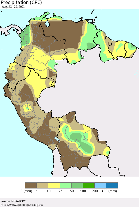Northern South America Precipitation (CPC) Thematic Map For 8/23/2021 - 8/29/2021