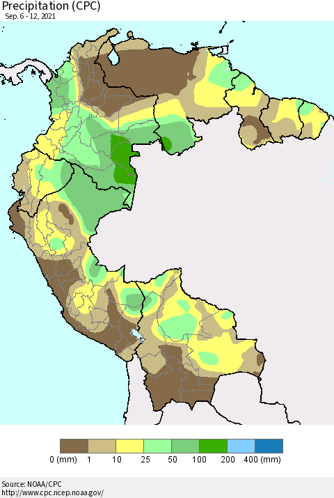 Northern South America Precipitation (CPC) Thematic Map For 9/6/2021 - 9/12/2021