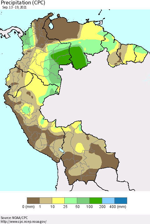 Northern South America Precipitation (CPC) Thematic Map For 9/13/2021 - 9/19/2021