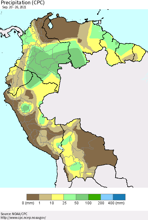 Northern South America Precipitation (CPC) Thematic Map For 9/20/2021 - 9/26/2021