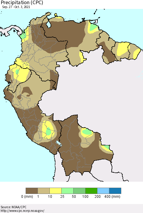 Northern South America Precipitation (CPC) Thematic Map For 9/27/2021 - 10/3/2021
