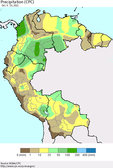 Northern South America Precipitation (CPC) Thematic Map For 10/4/2021 - 10/10/2021