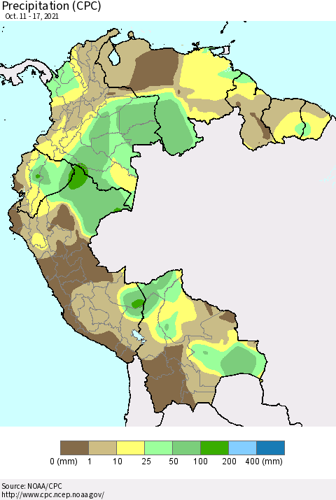 Northern South America Precipitation (CPC) Thematic Map For 10/11/2021 - 10/17/2021