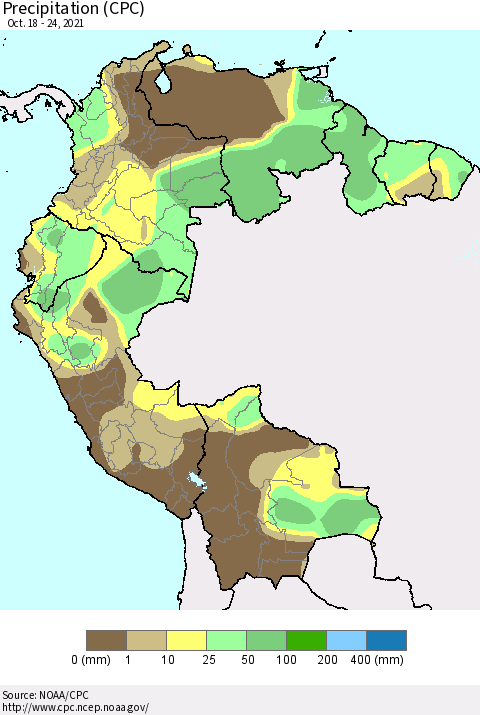 Northern South America Precipitation (CPC) Thematic Map For 10/18/2021 - 10/24/2021