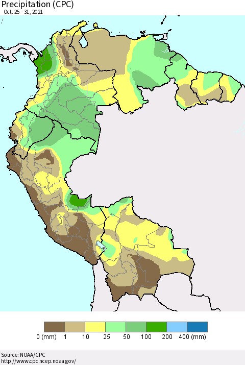 Northern South America Precipitation (CPC) Thematic Map For 10/25/2021 - 10/31/2021