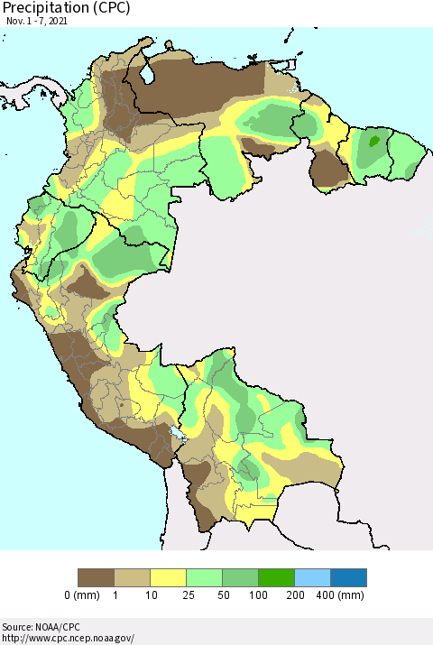 Northern South America Precipitation (CPC) Thematic Map For 11/1/2021 - 11/7/2021