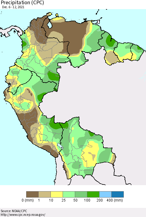 Northern South America Precipitation (CPC) Thematic Map For 12/6/2021 - 12/12/2021