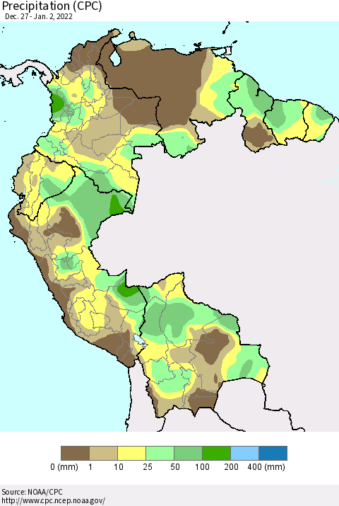 Northern South America Precipitation (CPC) Thematic Map For 12/27/2021 - 1/2/2022