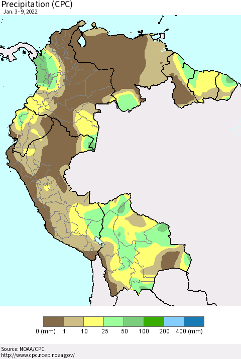 Northern South America Precipitation (CPC) Thematic Map For 1/3/2022 - 1/9/2022