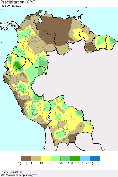 Northern South America Precipitation (CPC) Thematic Map For 1/10/2022 - 1/16/2022