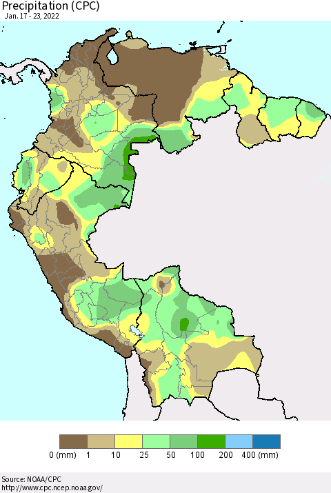 Northern South America Precipitation (CPC) Thematic Map For 1/17/2022 - 1/23/2022