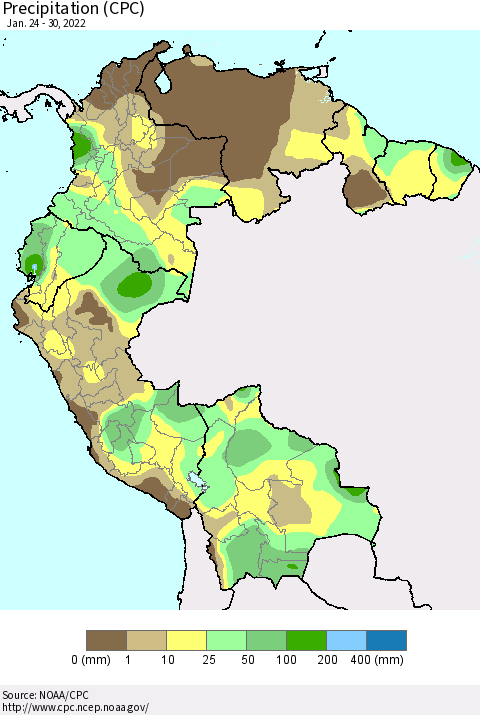 Northern South America Precipitation (CPC) Thematic Map For 1/24/2022 - 1/30/2022