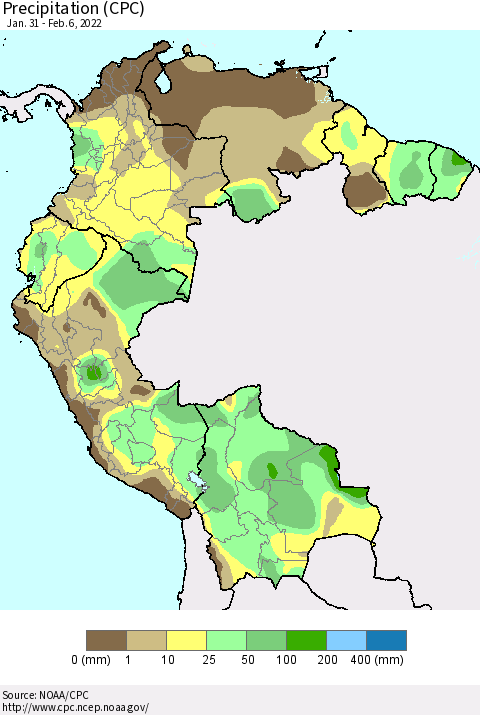 Northern South America Precipitation (CPC) Thematic Map For 1/31/2022 - 2/6/2022