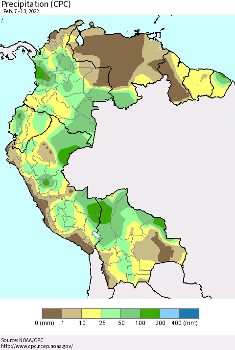 Northern South America Precipitation (CPC) Thematic Map For 2/7/2022 - 2/13/2022