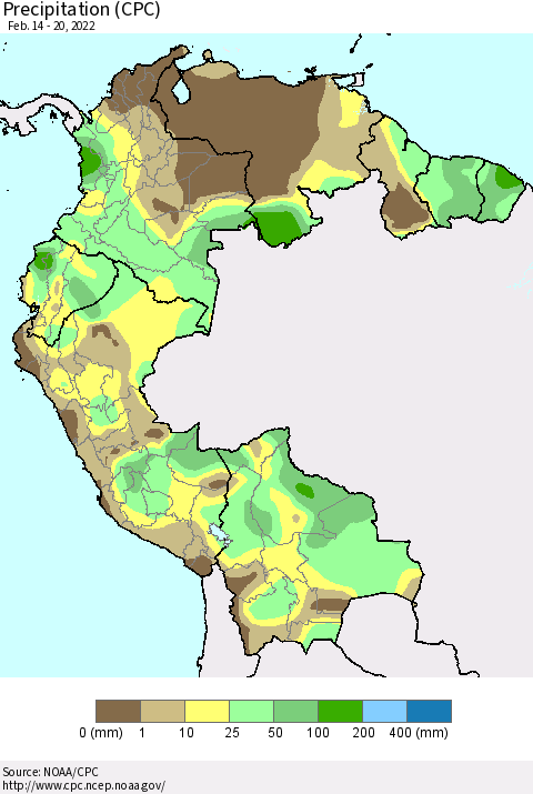 Northern South America Precipitation (CPC) Thematic Map For 2/14/2022 - 2/20/2022