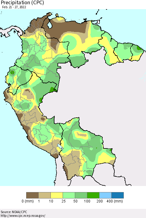Northern South America Precipitation (CPC) Thematic Map For 2/21/2022 - 2/27/2022