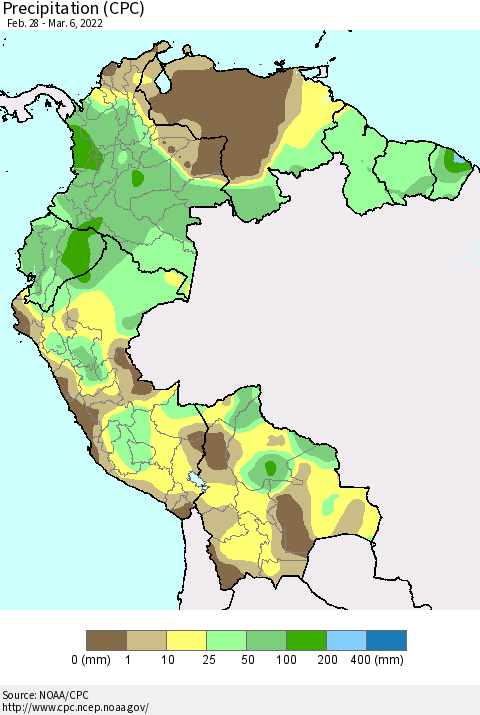 Northern South America Precipitation (CPC) Thematic Map For 2/28/2022 - 3/6/2022