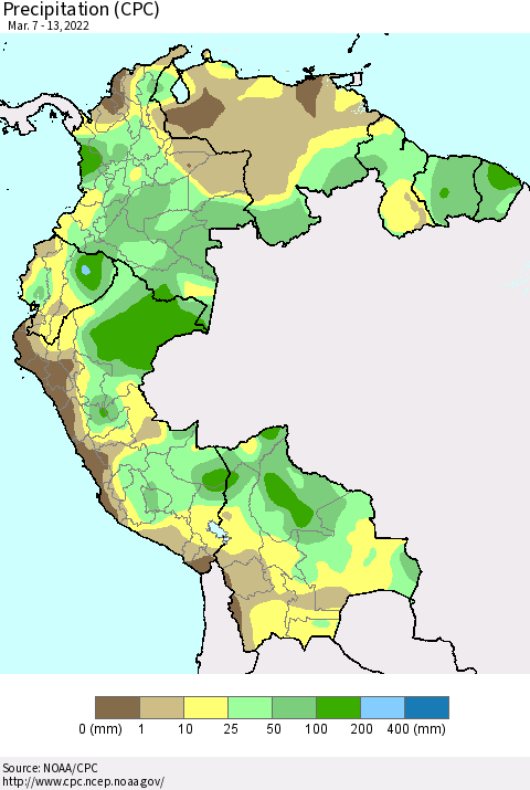 Northern South America Precipitation (CPC) Thematic Map For 3/7/2022 - 3/13/2022