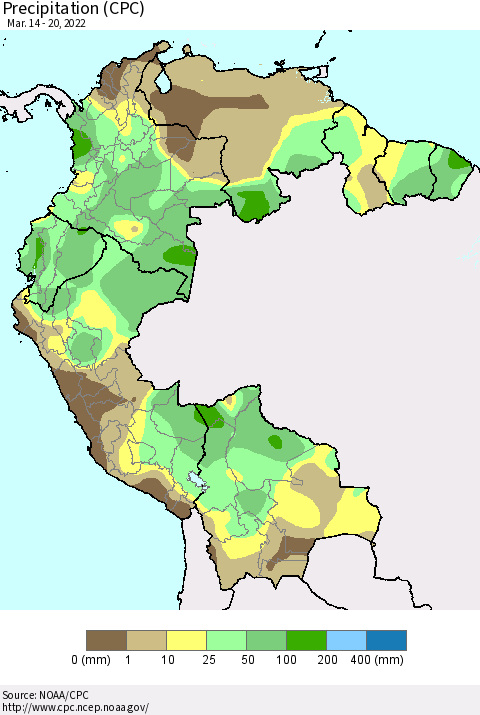 Northern South America Precipitation (CPC) Thematic Map For 3/14/2022 - 3/20/2022