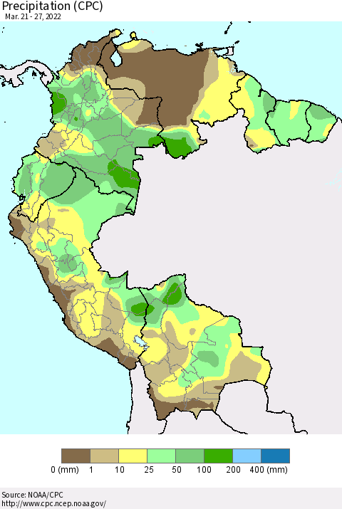 Northern South America Precipitation (CPC) Thematic Map For 3/21/2022 - 3/27/2022