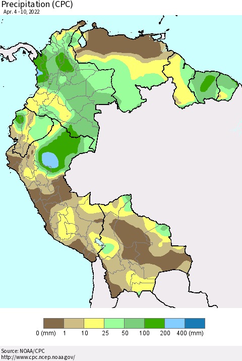 Northern South America Precipitation (CPC) Thematic Map For 4/4/2022 - 4/10/2022