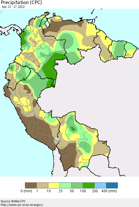 Northern South America Precipitation (CPC) Thematic Map For 4/11/2022 - 4/17/2022