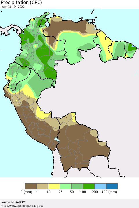 Northern South America Precipitation (CPC) Thematic Map For 4/18/2022 - 4/24/2022