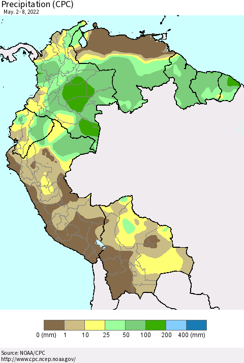 Northern South America Precipitation (CPC) Thematic Map For 5/2/2022 - 5/8/2022