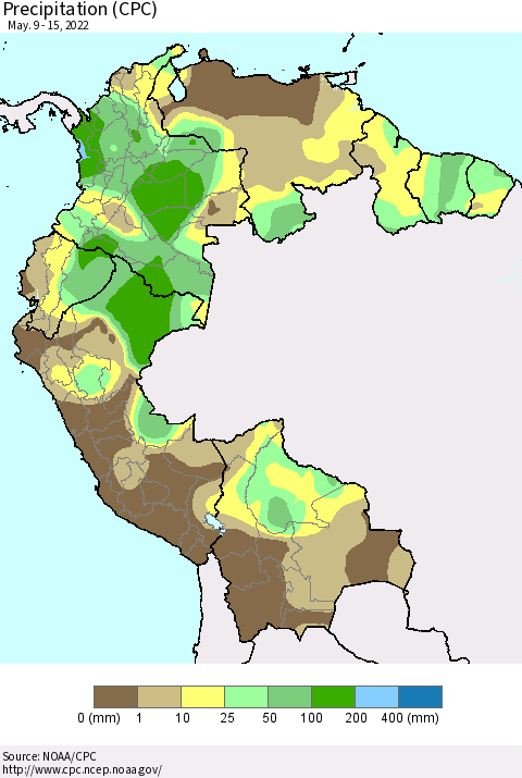 Northern South America Precipitation (CPC) Thematic Map For 5/9/2022 - 5/15/2022