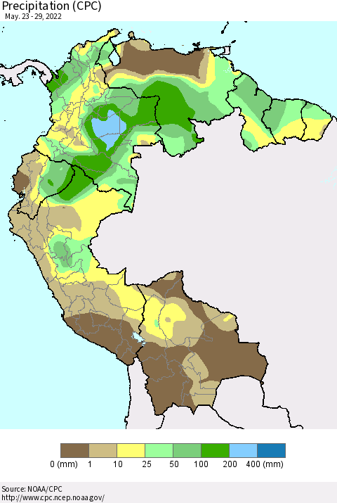 Northern South America Precipitation (CPC) Thematic Map For 5/23/2022 - 5/29/2022