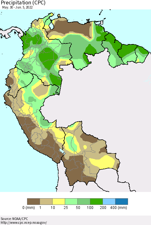 Northern South America Precipitation (CPC) Thematic Map For 5/30/2022 - 6/5/2022
