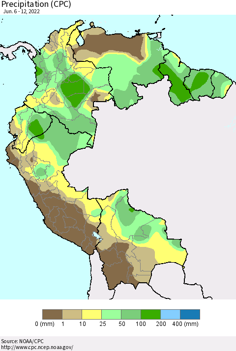 Northern South America Precipitation (CPC) Thematic Map For 6/6/2022 - 6/12/2022