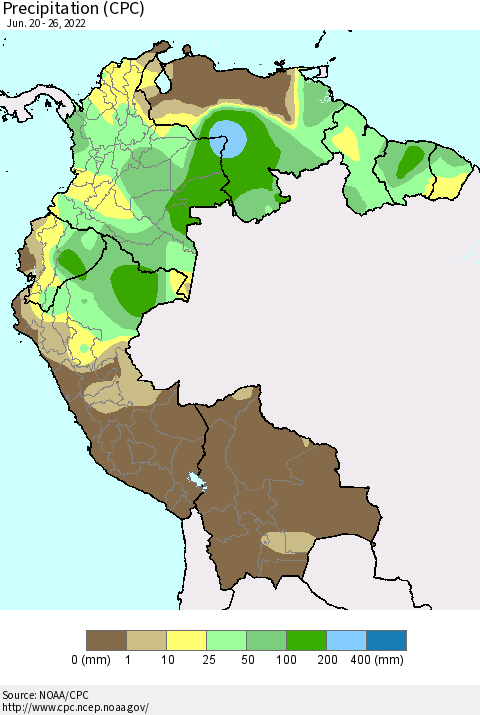 Northern South America Precipitation (CPC) Thematic Map For 6/20/2022 - 6/26/2022