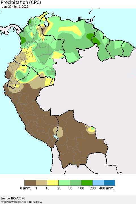 Northern South America Precipitation (CPC) Thematic Map For 6/27/2022 - 7/3/2022