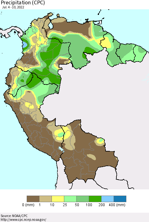 Northern South America Precipitation (CPC) Thematic Map For 7/4/2022 - 7/10/2022