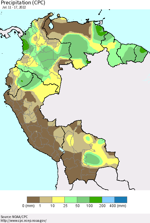 Northern South America Precipitation (CPC) Thematic Map For 7/11/2022 - 7/17/2022