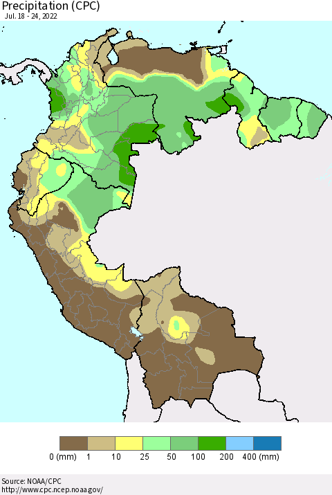 Northern South America Precipitation (CPC) Thematic Map For 7/18/2022 - 7/24/2022