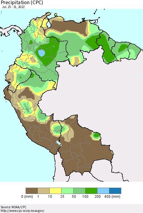 Northern South America Precipitation (CPC) Thematic Map For 7/25/2022 - 7/31/2022