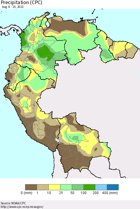 Northern South America Precipitation (CPC) Thematic Map For 8/8/2022 - 8/14/2022