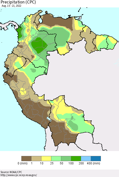 Northern South America Precipitation (CPC) Thematic Map For 8/15/2022 - 8/21/2022
