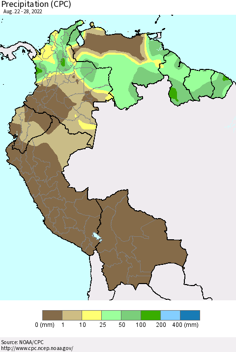 Northern South America Precipitation (CPC) Thematic Map For 8/22/2022 - 8/28/2022
