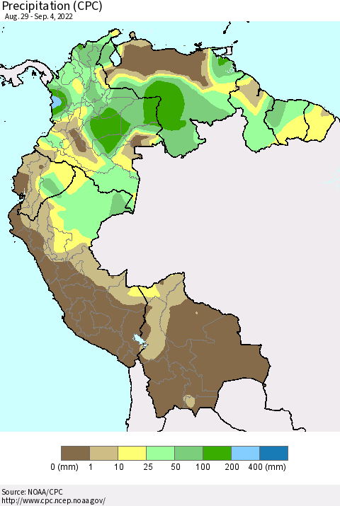 Northern South America Precipitation (CPC) Thematic Map For 8/29/2022 - 9/4/2022