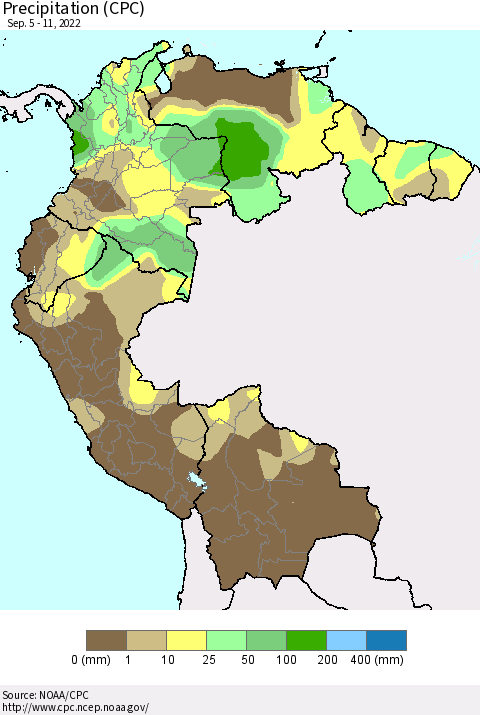 Northern South America Precipitation (CPC) Thematic Map For 9/5/2022 - 9/11/2022