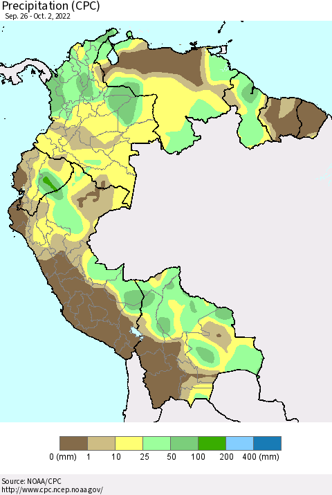 Northern South America Precipitation (CPC) Thematic Map For 9/26/2022 - 10/2/2022