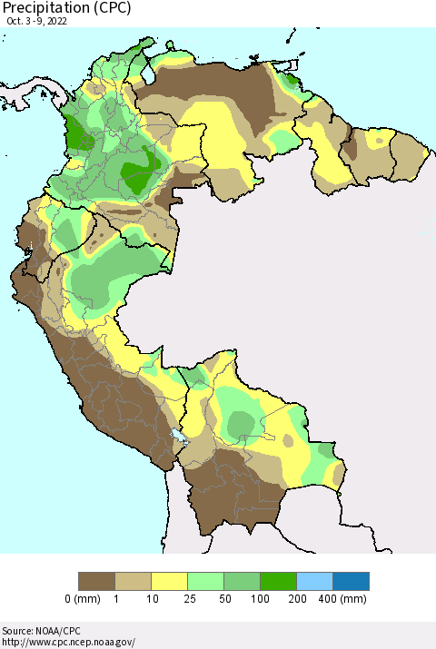 Northern South America Precipitation (CPC) Thematic Map For 10/3/2022 - 10/9/2022